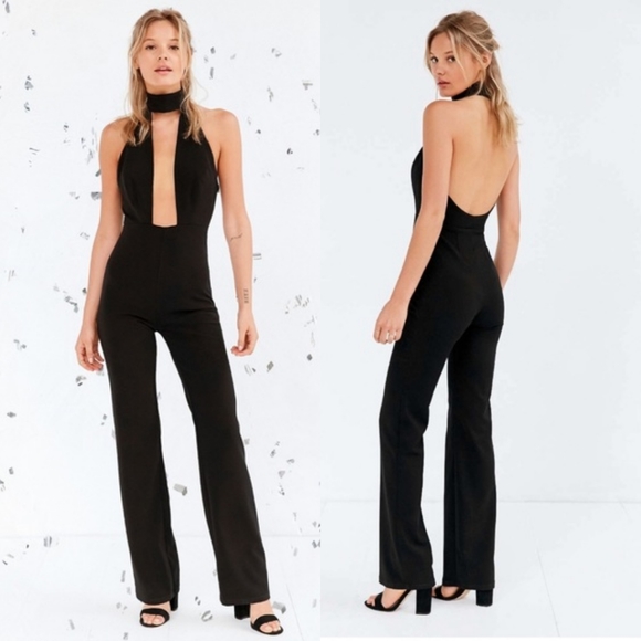 Capulet Pants - UO Capulet Black Plunging Cutout Halter Jumpsuit